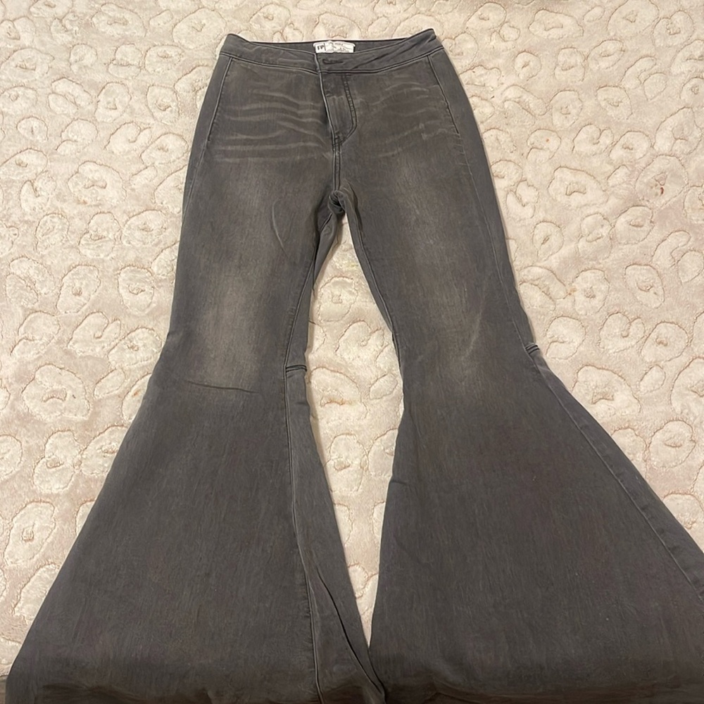 Free People Jeans Ultra Flared Grey Denim Vintage Stretch Just Float On Mid Rise